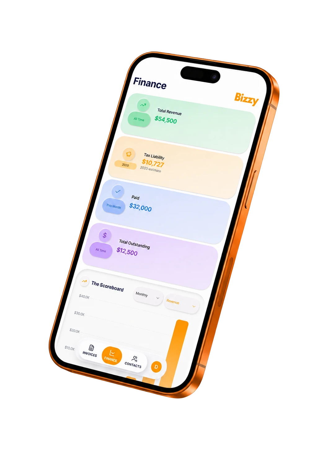 Angled phone with a custom orange finish showing Bizzy Finance with revenue, paid invoices, outstanding balances and a tax estimate